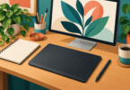 Illustration of a dark screenless drawing tablet and separate stylus on a wooden desk beside a monitor showing abstract leaves and a blank sketchbook