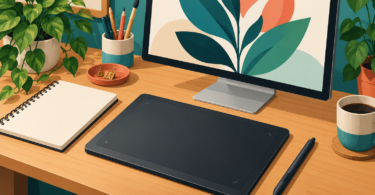 Illustration of a dark screenless drawing tablet and separate stylus on a wooden desk beside a monitor showing abstract leaves and a blank sketchbook