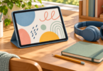 Illustration of a tablet in a blue case with an abstract drawing, beside blue headphones, a green notebook and a yellow pencil on a wooden desk