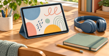 Illustration of a tablet in a blue case with an abstract drawing, beside blue headphones, a green notebook and a yellow pencil on a wooden desk