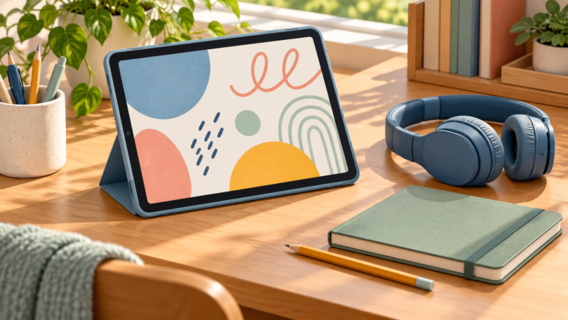 Illustration of a tablet in a blue case with an abstract drawing, beside blue headphones, a green notebook and a yellow pencil on a wooden desk