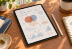 Illustration of a generic tablet with abstract handwritten marks and diagrams beside a stylus and paper notebook