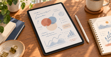 Illustration of a generic tablet with abstract handwritten marks and diagrams beside a stylus and paper notebook
