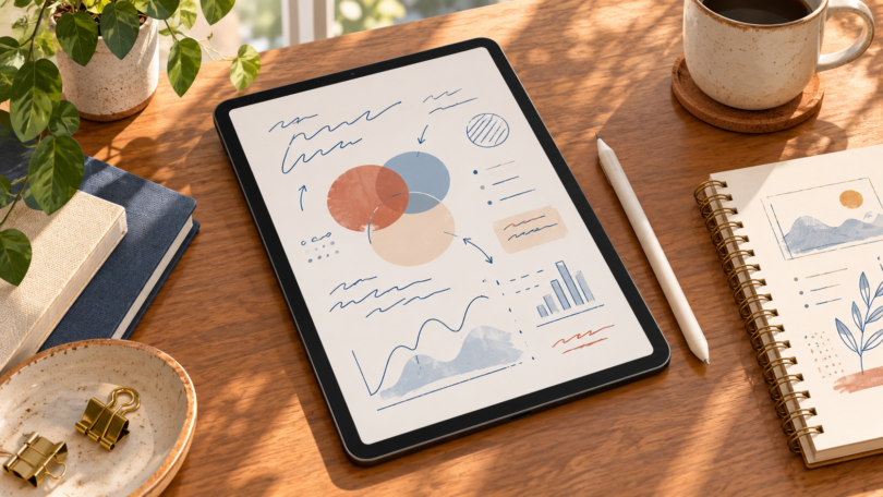Illustration of a generic tablet with abstract handwritten marks and diagrams beside a stylus and paper notebook