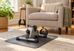 An unbranded compact pedal exerciser on a floor mat in front of a stationary upholstered chair.