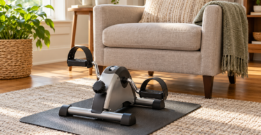 An unbranded compact pedal exerciser on a floor mat in front of a stationary upholstered chair.
