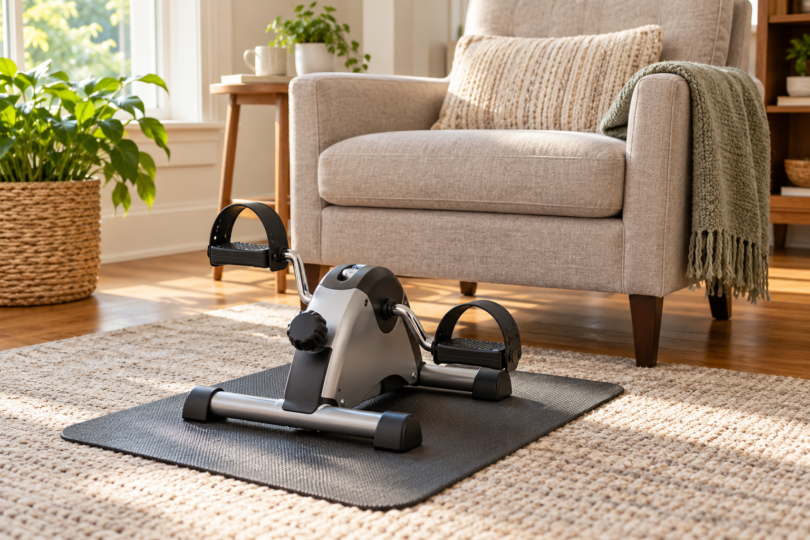 An unbranded compact pedal exerciser on a floor mat in front of a stationary upholstered chair.