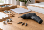 An unbranded compact cordless screwdriver beside driver bits, flat-pack furniture hardware and a closed booklet on a workbench.