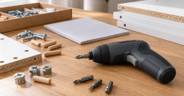 An unbranded compact cordless screwdriver beside driver bits, flat-pack furniture hardware and a closed booklet on a workbench.