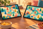 Illustration of two generic tablets showing colorful geometric game boards on a wooden table