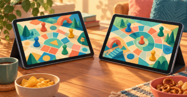 Illustration of two generic tablets showing colorful geometric game boards on a wooden table