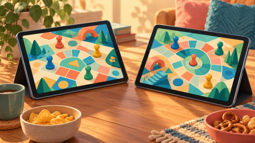 Illustration of two generic tablets showing colorful geometric game boards on a wooden table