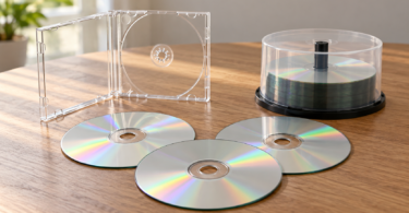 Three generic blank compact discs beside an open clear jewel case and a spindle on a wooden table