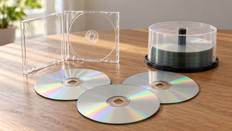 Three generic blank compact discs beside an open clear jewel case and a spindle on a wooden table