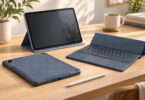 Illustration of generic tablet folio, bumper and keyboard cases arranged with a stylus on a desk