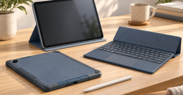 Illustration of generic tablet folio, bumper and keyboard cases arranged with a stylus on a desk