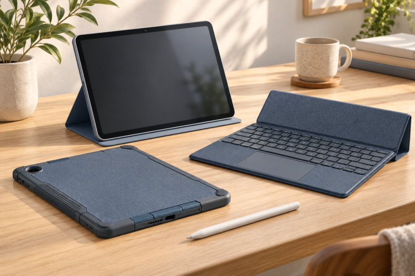 Illustration of generic tablet folio, bumper and keyboard cases arranged with a stylus on a desk