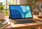 Illustration of a generic large tablet with a blue geometric screen beside a keyboard and stylus