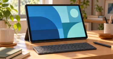 Illustration of a generic large tablet with a blue geometric screen beside a keyboard and stylus