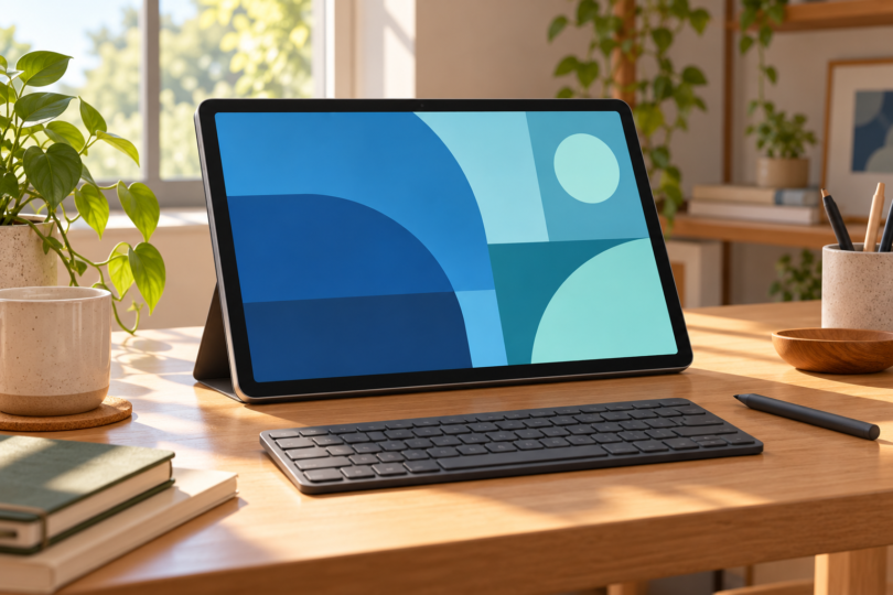 Illustration of a generic large tablet with a blue geometric screen beside a keyboard and stylus