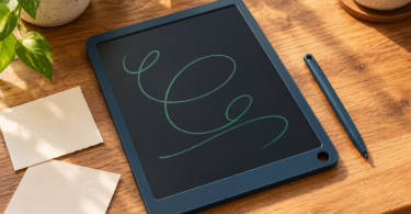 Illustration of a generic LCD writing slate with green loops and a stylus on a wooden desk