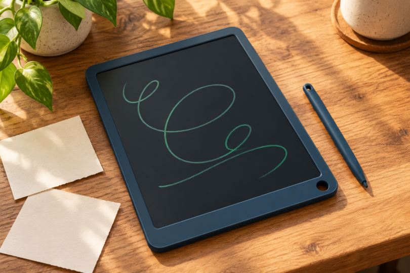Illustration of a generic LCD writing slate with green loops and a stylus on a wooden desk
