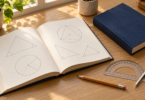 Illustration of an open geometry book, a plain navy book, protractor, pencil and drawing compass on a wooden desk
