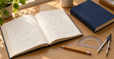Illustration of an open geometry book, a plain navy book, protractor, pencil and drawing compass on a wooden desk