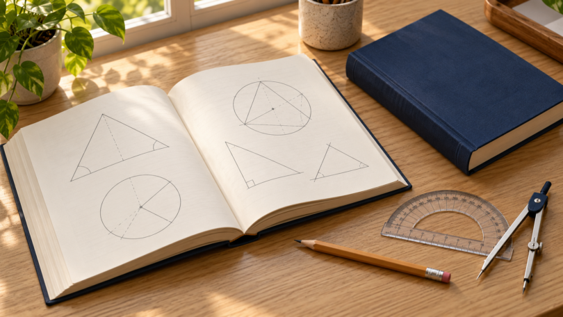 Illustration of an open geometry book, a plain navy book, protractor, pencil and drawing compass on a wooden desk