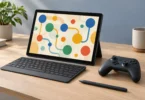 Generic tablet displaying abstract colored shapes beside a detached keyboard, game controller and stylus on a wooden desk