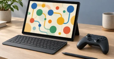 Generic tablet displaying abstract colored shapes beside a detached keyboard, game controller and stylus on a wooden desk