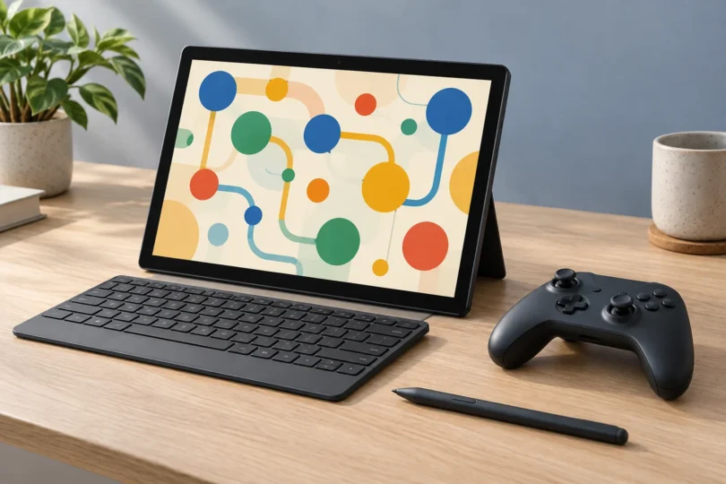 Generic tablet displaying abstract colored shapes beside a detached keyboard, game controller and stylus on a wooden desk