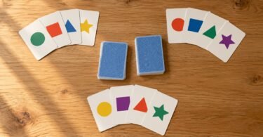 Unbranded cards with colorful geometric shapes arranged beside two card stacks on a wooden table
