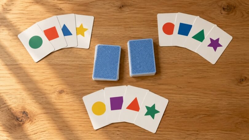 Unbranded cards with colorful geometric shapes arranged beside two card stacks on a wooden table