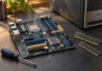 Generic illustration of an older desktop motherboard, two memory modules and a screwdriver beside a computer case
