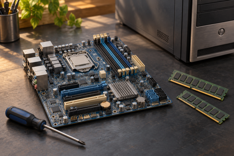 Generic illustration of an older desktop motherboard, two memory modules and a screwdriver beside a computer case