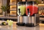 Generic stainless steel twin-bowl frozen drink dispenser with lime and strawberry slush on a bar counter
