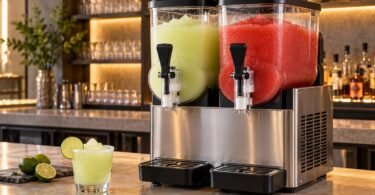 Generic stainless steel twin-bowl frozen drink dispenser with lime and strawberry slush on a bar counter