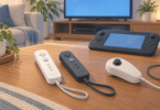 Illustration of white and charcoal motion remotes with wrist loops beside a wired stick accessory and a tablet-style game controller