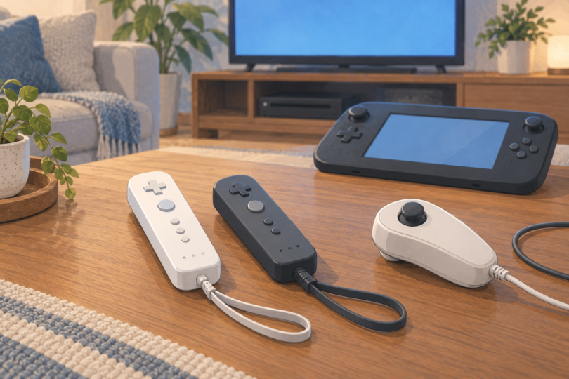 Illustration of white and charcoal motion remotes with wrist loops beside a wired stick accessory and a tablet-style game controller