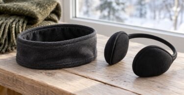Charcoal fleece headband and black ear warmers on a wooden bench beside a winter window