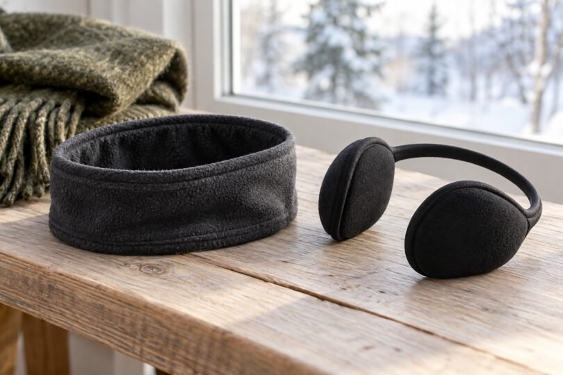 Charcoal fleece headband and black ear warmers on a wooden bench beside a winter window