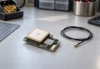 Unbranded satellite receiver board with a ceramic patch antenna on an electronics workbench