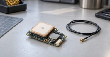 Unbranded satellite receiver board with a ceramic patch antenna on an electronics workbench