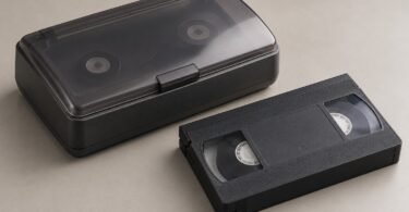Generic full-size VHS cassette beside an unbranded tape rewinder