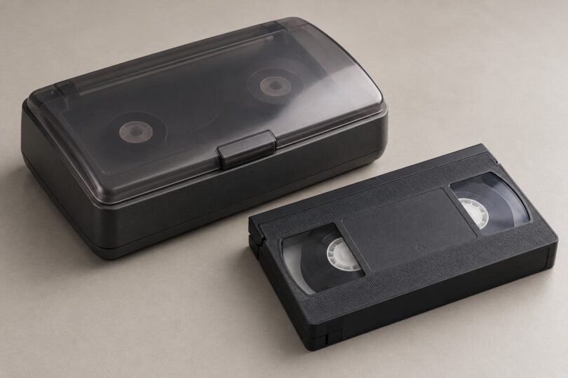 Generic full-size VHS cassette beside an unbranded tape rewinder