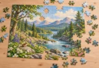 A partially completed woodland jigsaw puzzle with loose pieces on a wooden table