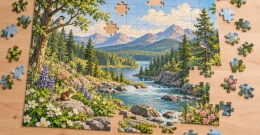 A partially completed woodland jigsaw puzzle with loose pieces on a wooden table