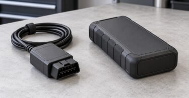 Generic disconnected diagnostic adapter cable beside an unbranded portable power unit