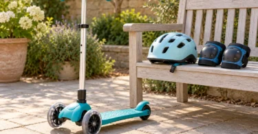 Unbranded three-wheel children’s kick scooter beside a bicycle helmet and knee pads on a wooden garden bench